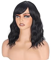 Vista 3 de Pelucas Bob Onduladas Negras Naturales a la Altura del Hombro Para Mujeres Pelucas Cortas Onduladas Con Flequillo Pelucas Sintéticas Onduladas