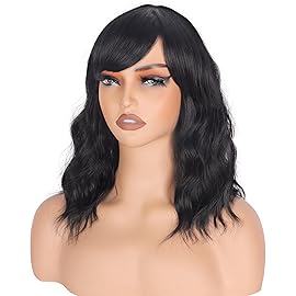Shoulder Length Natural Black Wavy Bob Wigs For Women Short Wavy Wigs With Bangs Synthetic Wavy Wigs Heat Resistant Daily Use Wigs(Natural Black)