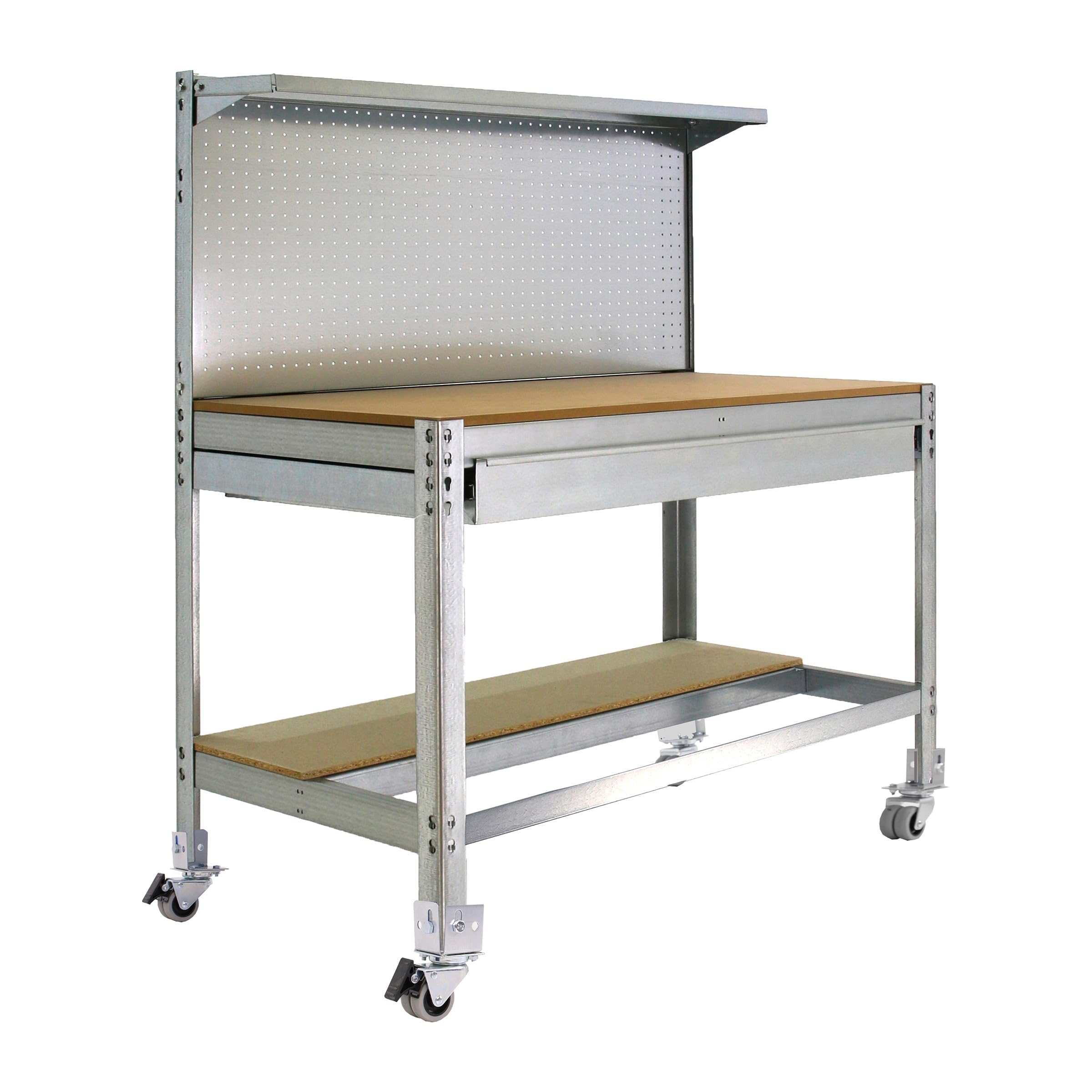 Simon Rack Banco de Trabajo Taller con Ruedas 1510x610 mm - BT3 | Panel Perforado y Cajón, Tablero madera 16 mm, Capacidad Carga 120 kg, Galva , Pintura anticorrosión, Montaje sistema clic
