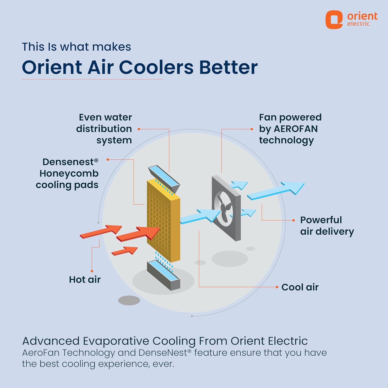 Diagram illustrating the cooling process of the Orient Electric air cooler, showing hot air entering, passing through Densenest Honeycomb pads, and cool air being delivered by the fan.