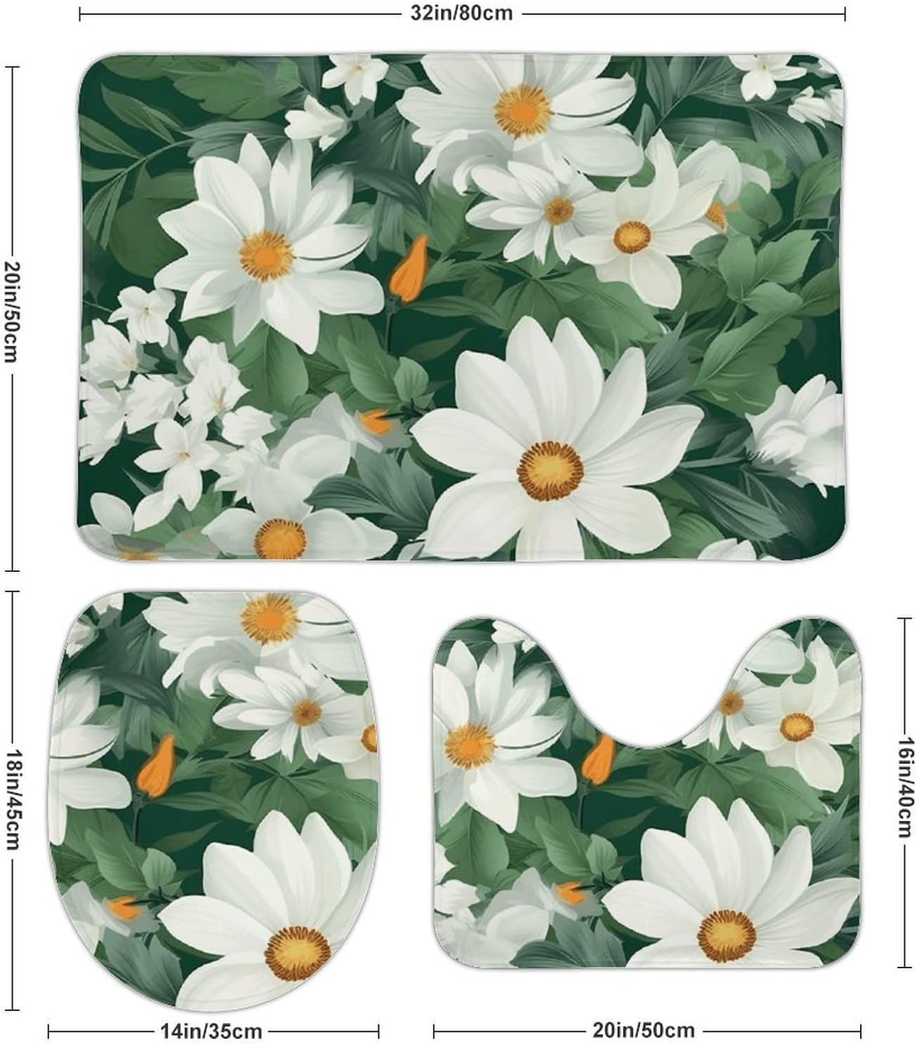 Anti-Skid Floor Mats 3 Piece Set,Green Leaves and White Flowers Printed Coral Fleece Bathroom Mats U-Shaped Contour Mat Toilet Seat Cover for Bathroom, Tub, Shower, Kitchen 19.7"x31.5"