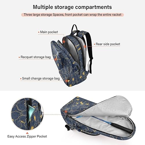 Miniatura 5 de Mochila de bádminton de tenis, transpirable, azul y dorado, mapa de aventura, 2 raquetas acolchadas para tenis, bolsa de gimnasio para mujeres,