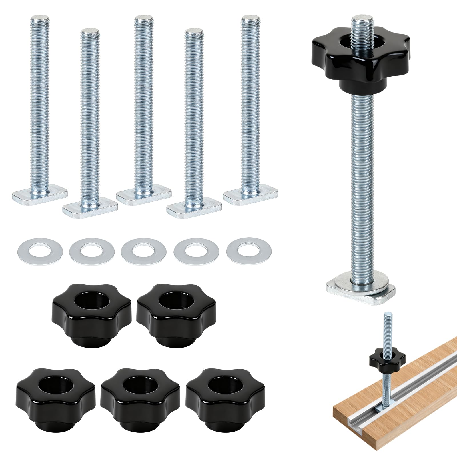 6 PCS Tornillo en T riel M8 x 100 mm con Perilla de Estrella, Acero Inoxidable, para Ranura en T y Herramienta de Carpintería
