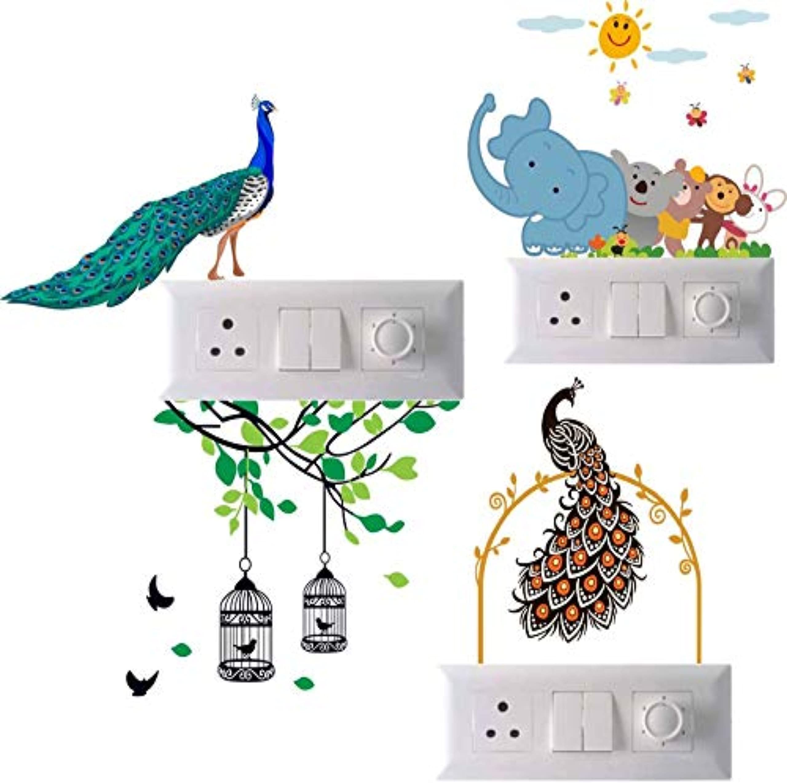 Decorative Cartoon Animals Beautiful Peacock on The Branch Green Tree Birds and Cages Small Switch Sticker Decal Colorful (PVC Vinyl Multicolor)-image-28