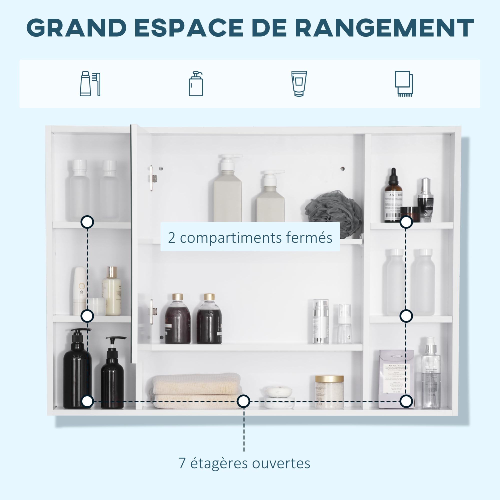 kleankin Armoire Murale Salle de Bain avec Miroir, 100 x 15 x 70 cm, Meuble Salle de Bain, Armoire de Toilette avec 7 étagères Ouvertes et Placard, Porte Ouverture et Fermeture lentes, Blanc