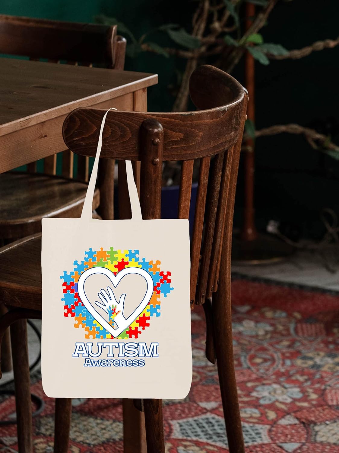 shop4ever Autism Awareness Hands in Puzzle Heart Eco Cotton Tote Reusable Shopping Bag image 3