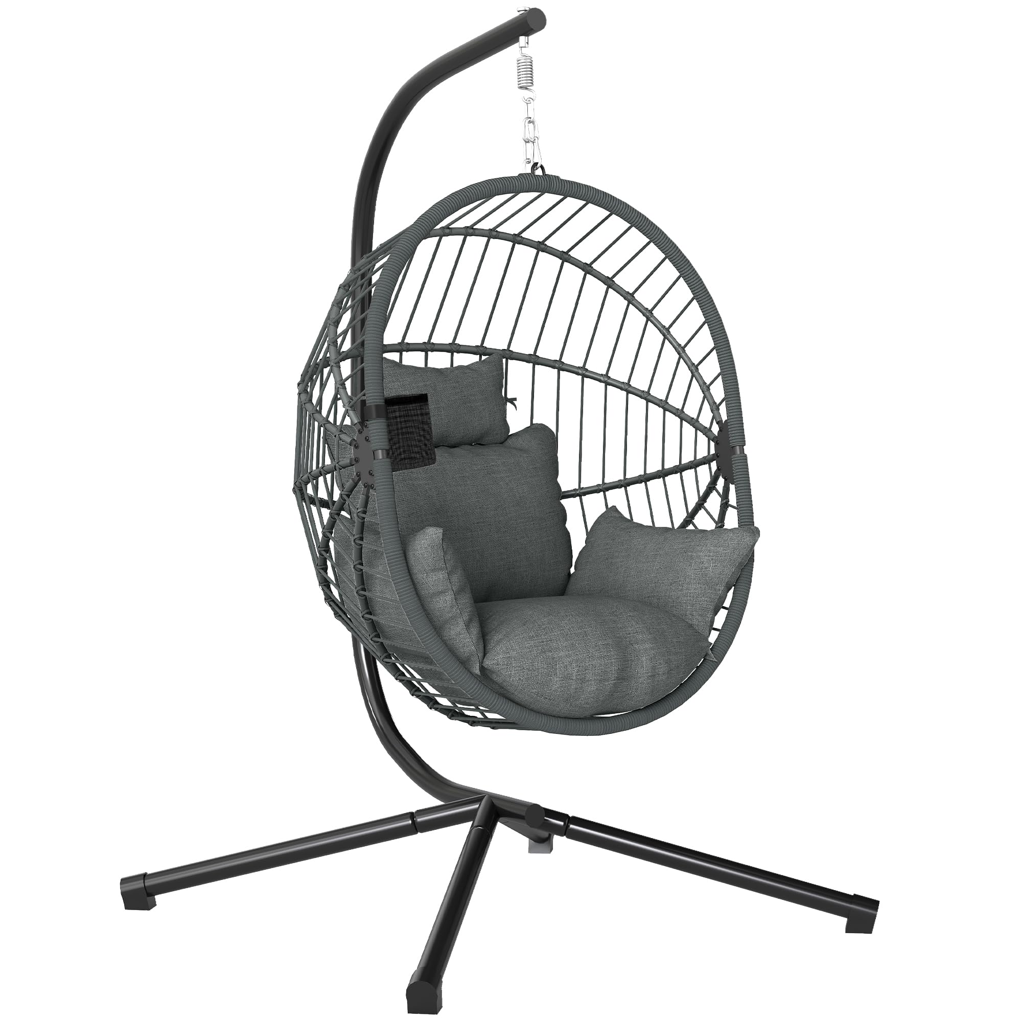 Outsunny Silla Colgante Huevo con Soporte Columpio Jardín Exterior con Cesta Plegable Cojín y Reposacabezas Columpio Colgante para Interior y Exterior Carga 120 kg Gris