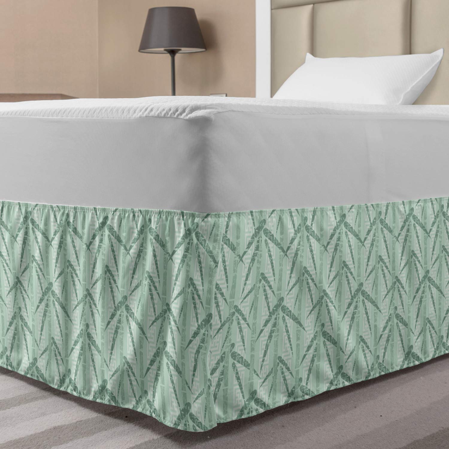Lunarable Green Oriental Bed Skirt Grunge Chinese Concept Nature Folk Maze Pattern Art Composition Elastic Bedskirt Dust Ruffle