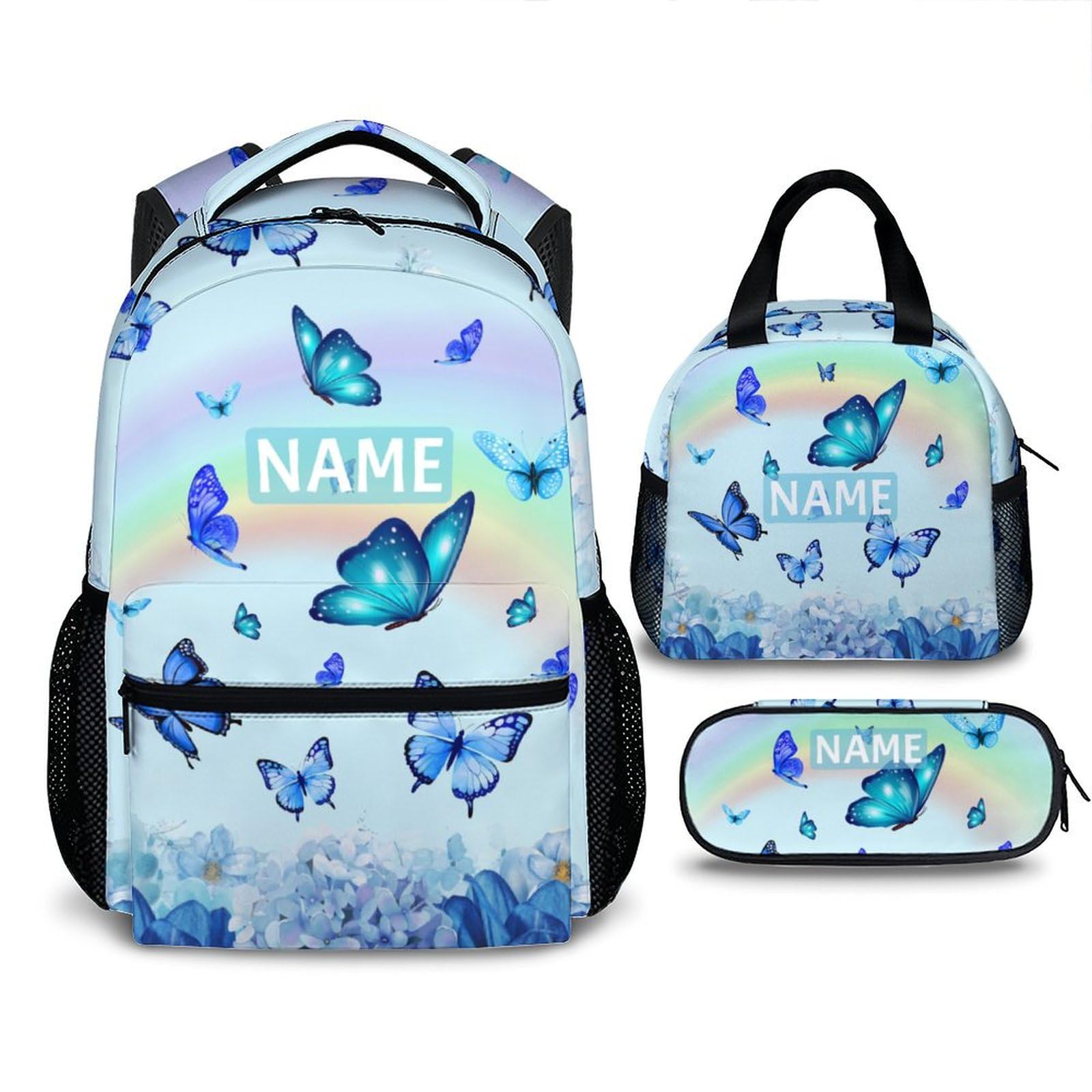 Personalized Girls Backpack Set with Lunch Box Pencil Case - Cute Butterfly Backpacks for School Elementary - Set of 3 Bookbag Lunch Bag Pencil Pouch
