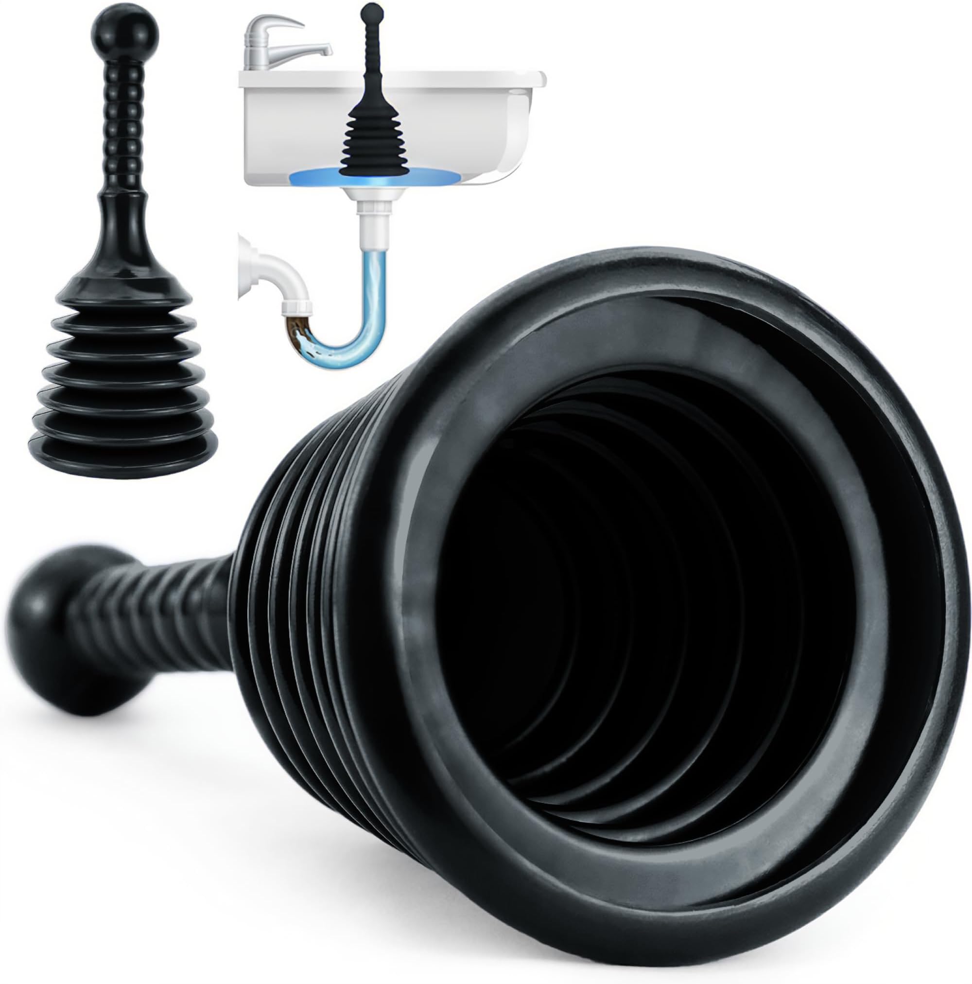 Sink and Drain Plunger for Bathrooms, Kitchens, Sinks, Baths and Showers - Powerful Unblocker Tools - Accordion Plungers to Clear and Unblock Blocked Drains - Black