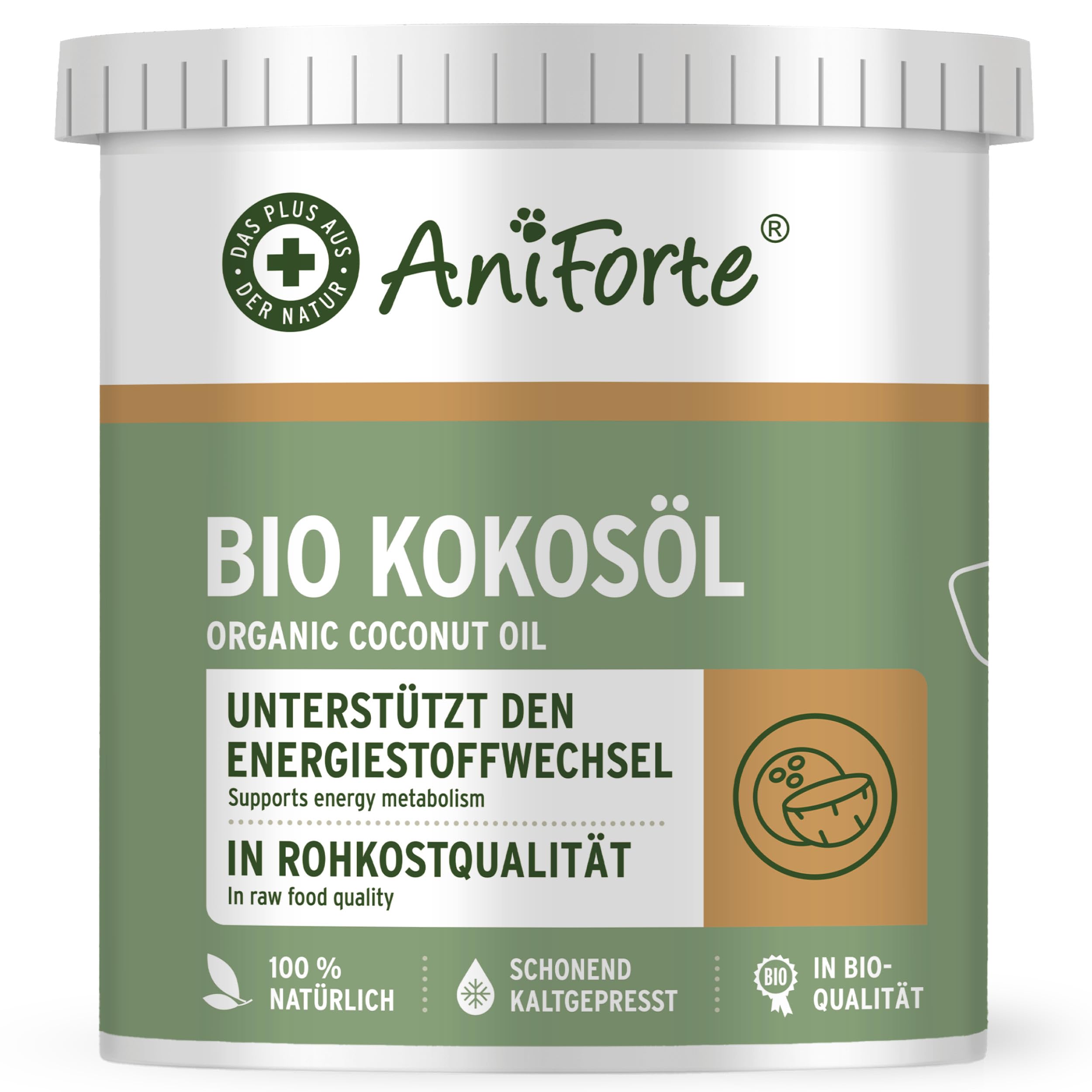 AniForte Aceite de Coco orgánico para Perros y Gatos 1 litro Grado alimenticio - Virgen, sin refinar, Alto Contenido de ácido láurico, Cuidado del Pelaje, Patas y Piel, orgánico, suplemento para Barf