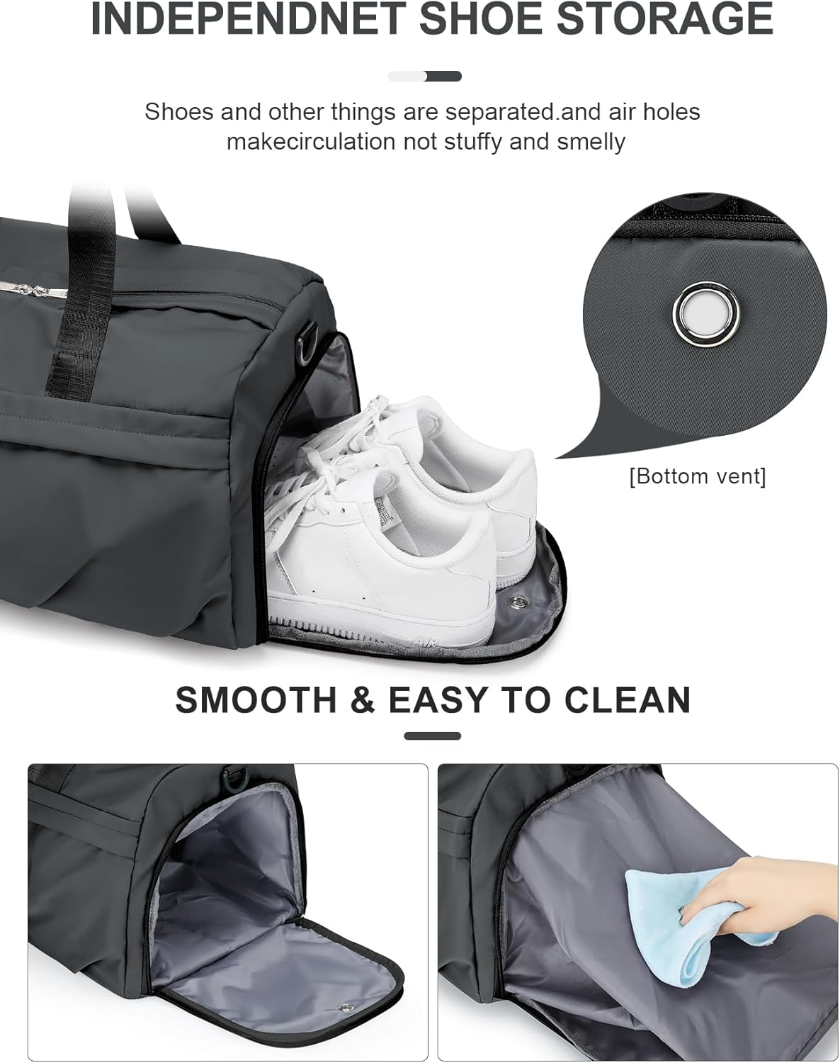 Gym Bag for Women Men with Shoe Compartment, Sport Duffel Bag, Waterproof Travel Weekender Overnight Carry on Bag for Yoga with Trolley Sleeve, Grey - Image 3