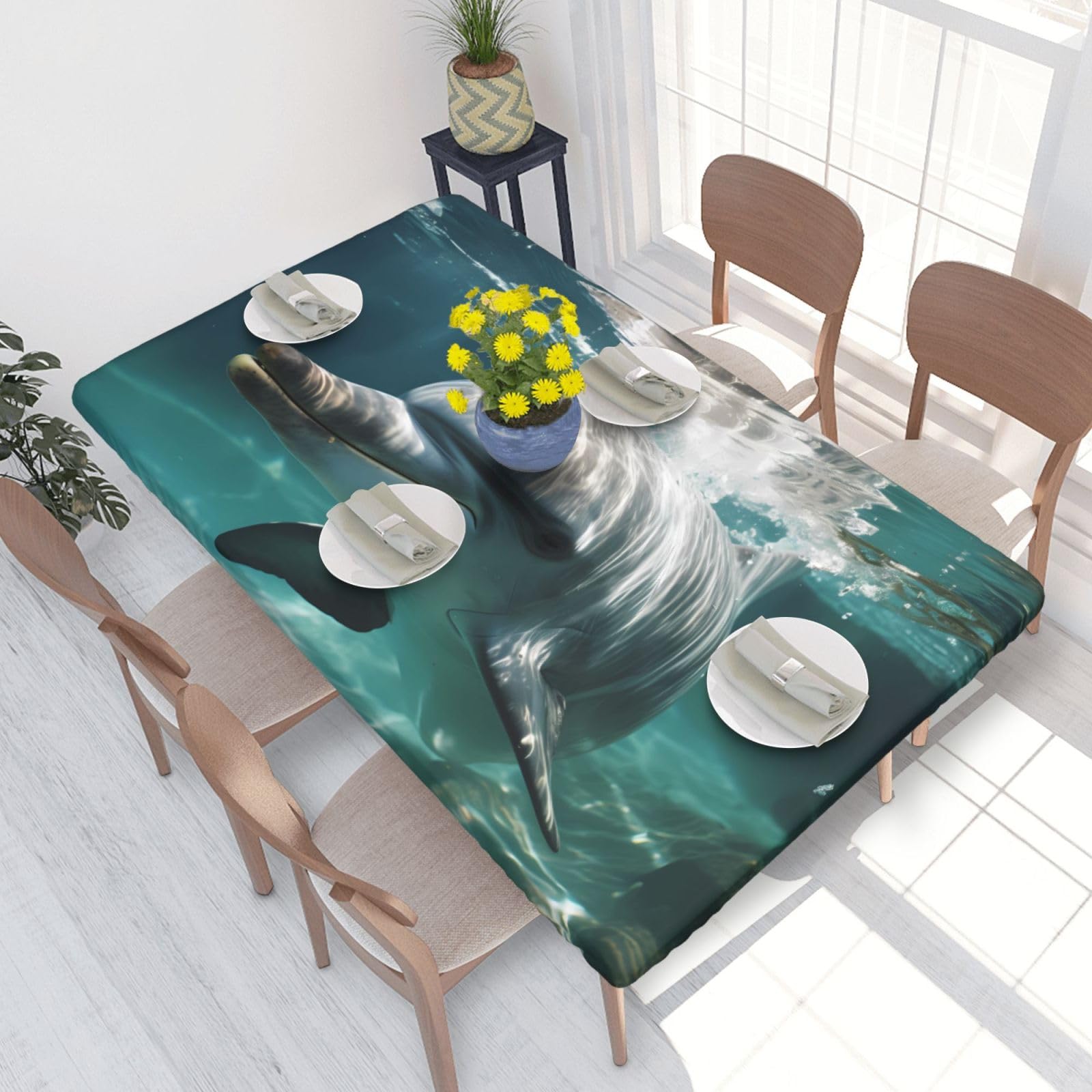 Cute Dolphin Waterproof Square Table Cover Elastic Fitted Tablecloth Oil Proof Table Protector For 4ft Table