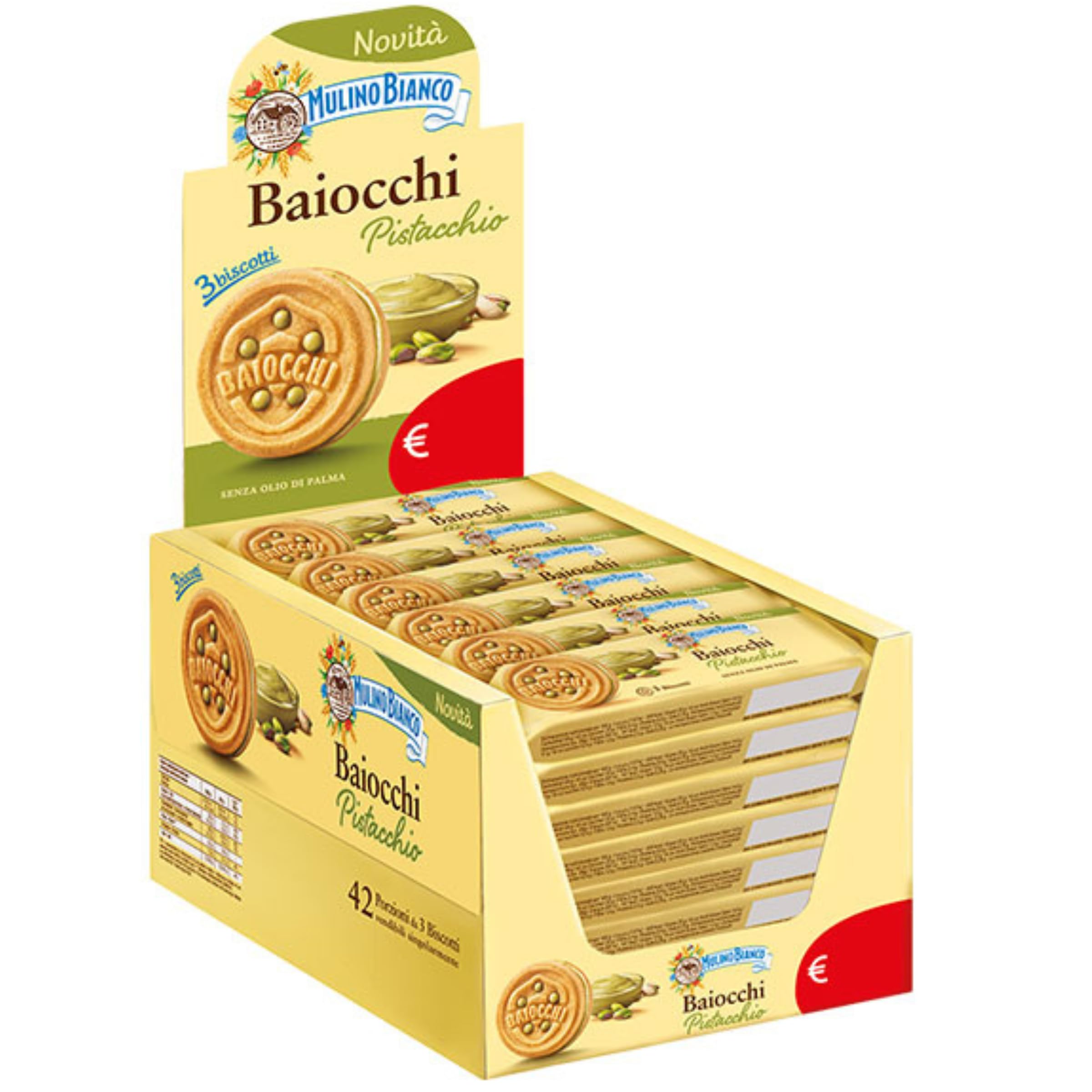 Mulino Bianco Baiocchi Pistacchio Confezione da 42 Snack T3 Biscotto Ripieno con Crema al Pistacchio