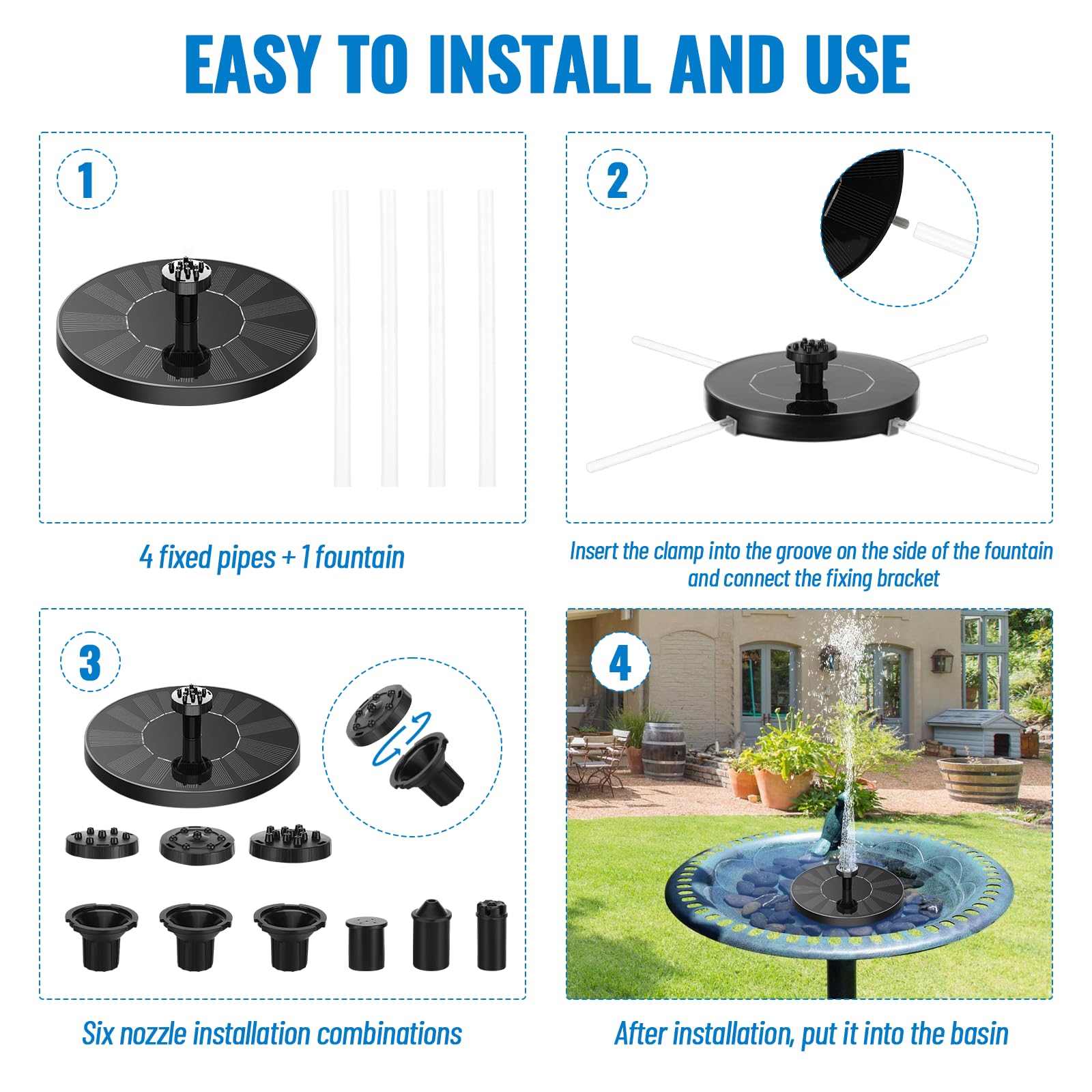 Auauraintt Pompa Solare per Fontana,Fontana Solare da Giardino Esterno,Fontana Pompa Solare da Giardino,con 6 Ugelli,per acquario,piscina,stagno,uccelli（1W）