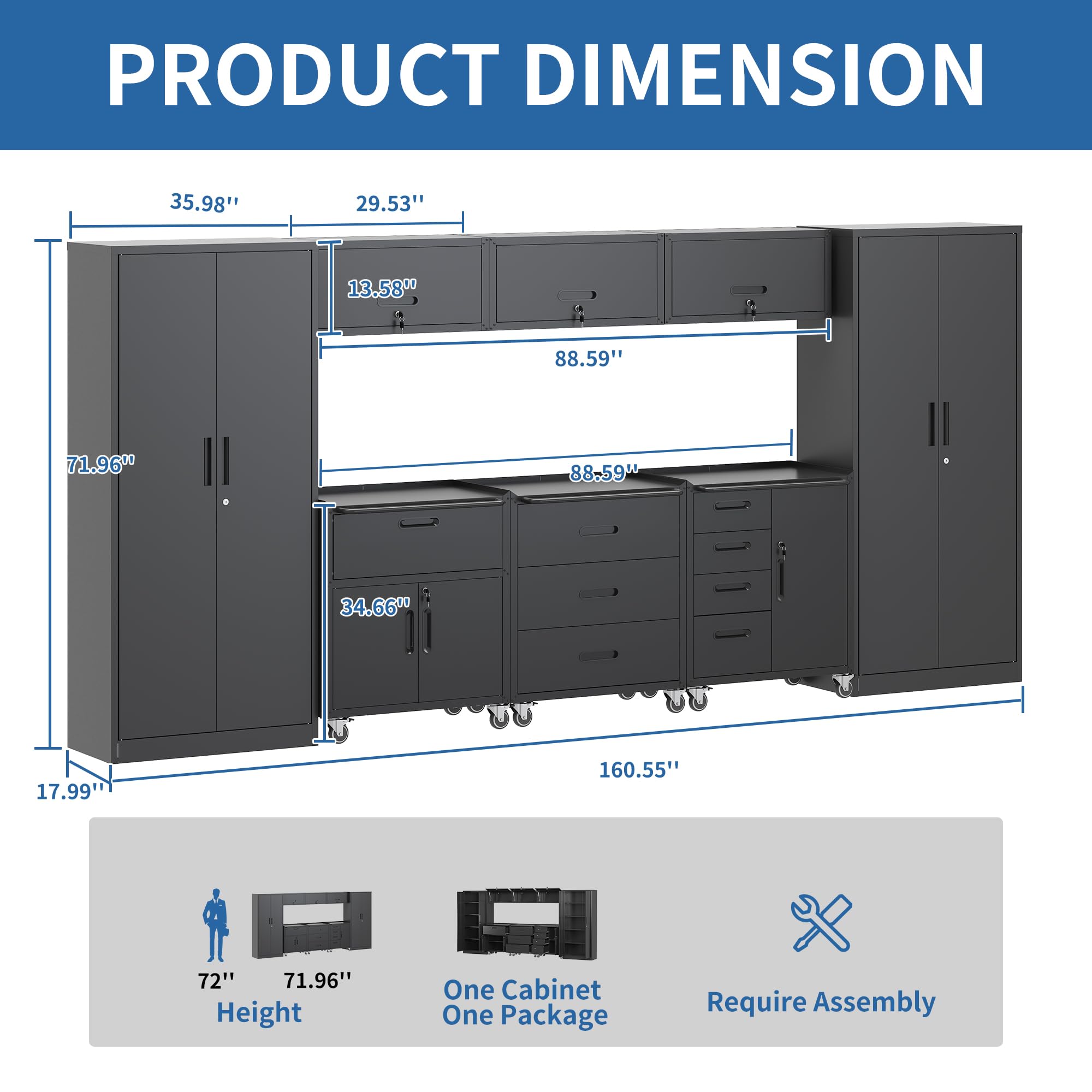 AQY Metal Black Garage Storage Cabinets System,8 Piece Workshop Steel Cabinet Set Included Lockable Garage Storage Cabinet with Drawers Shelves Rolling Chest and Wheels,Assembly Required