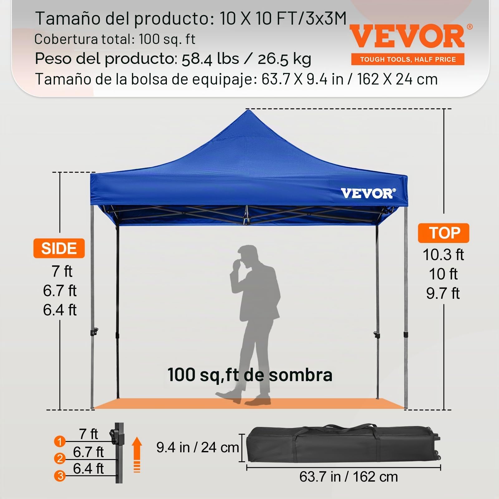 VEVOR Tienda de campaña desplegable de 10 x 10 pies, Tienda de campaña para Patio al Aire Libre con Paredes Laterales extraíbles y Bolsa con Ruedas, Resistente a los Rayos UV, Impermeable, Refugio