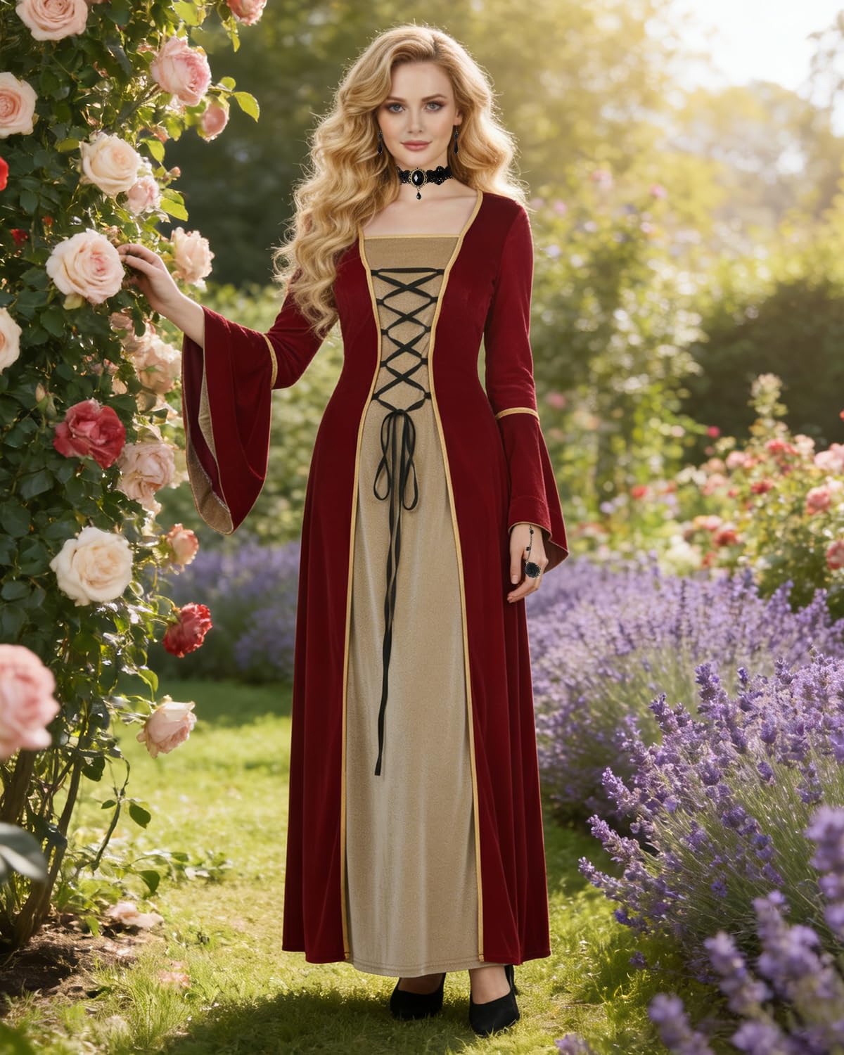 Deguisement Medieval Femme, Costume Medieval Femme avec Collier et Boucles D'oreilles, Robe Renaissance à Manches Cloche, Costume Carnaval pour Fête Rétro Cosplay Halloween