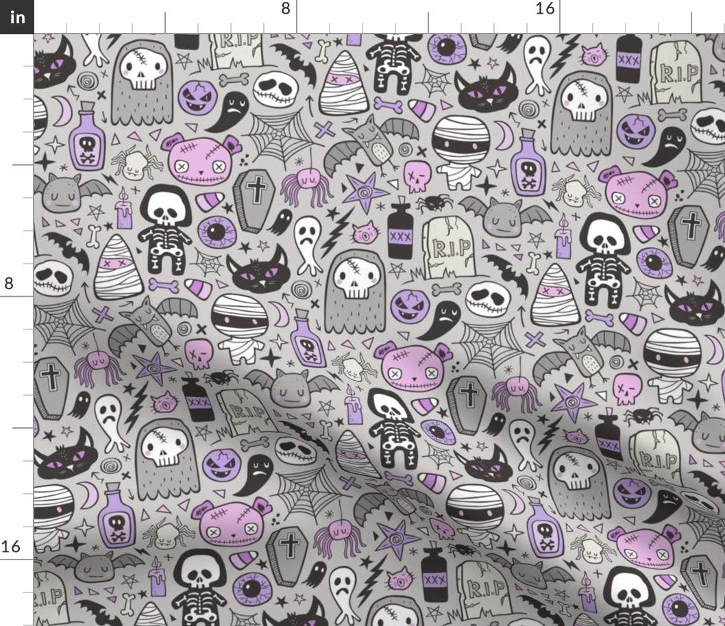 Spoonflower Fabric - Halloween Doodle Skulls Spider Skeleton Bat Ghost Web Purple Light Printed on Petal Signature Cotton Fabric by The Yard - Sewing Quilting Apparel Crafts Decor