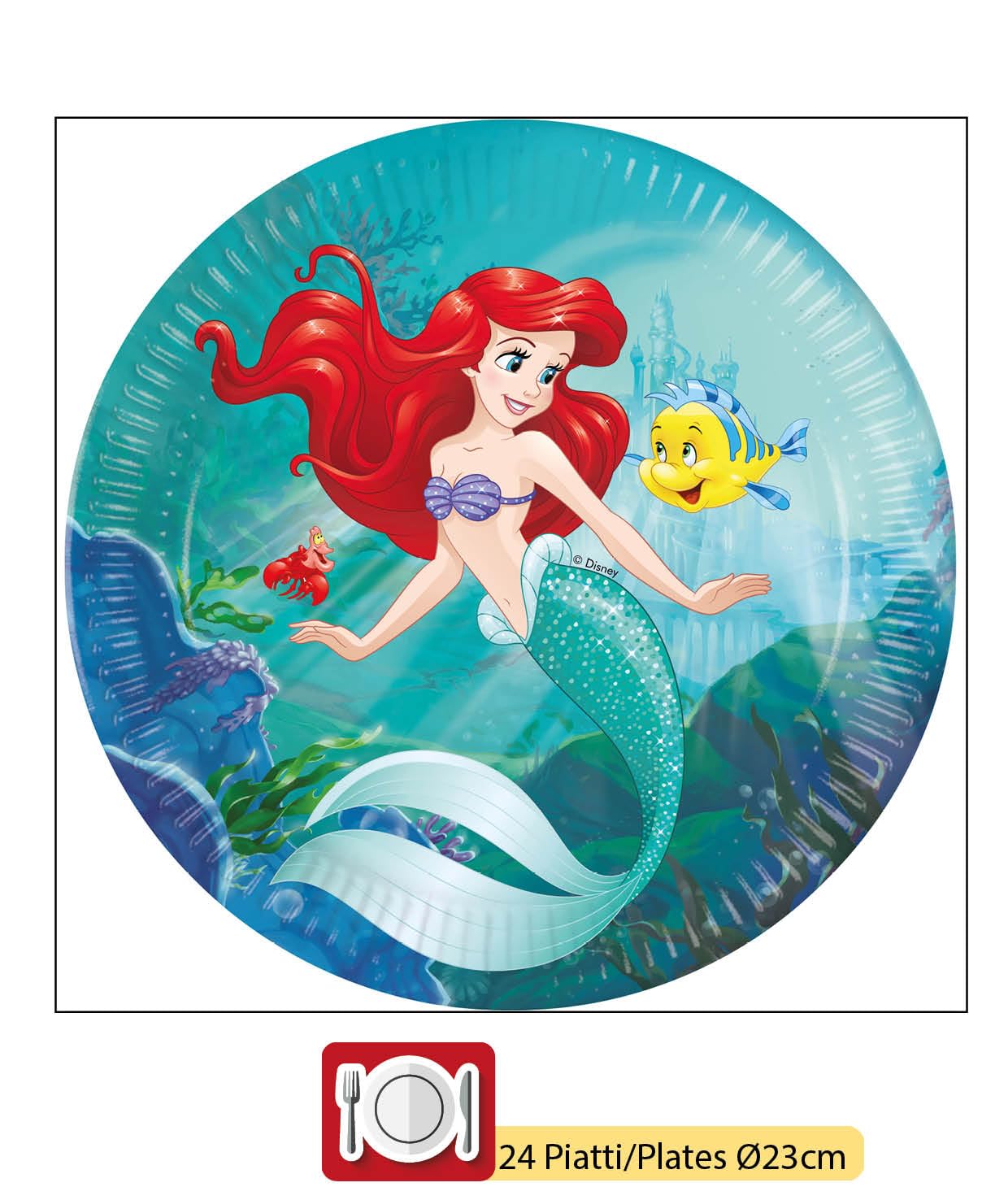 Kit Party Tavola Disney Princess Ariel Little Mermaid la Sirenetta per 24 persone (88 pezzi: 24 piatti Ø23cm, 24 bicchieri 200ml, 40 tovaglioli 33x33cm) in carta FSC compostabile eco-friendly