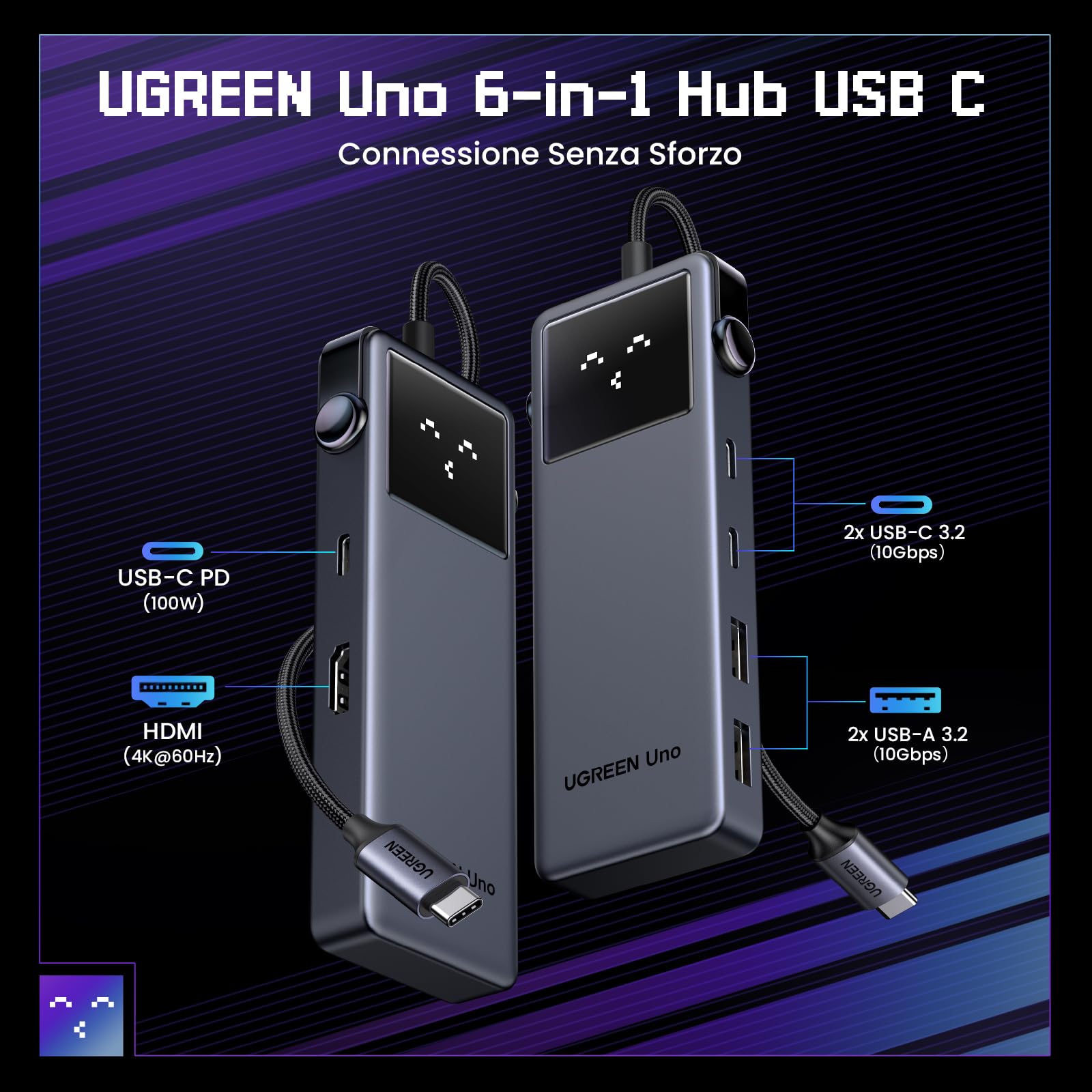UGREEN Uno 10Gbps Hub USB C HDMI 4K 60Hz PD 100W Carica Adattatore Type C 3.2 con Indicatore LED Docking Station Compatibile con MacBook Pro Air M3 M2 M1, iPad, iPhone 16 Pro Max, Galaxy S24
