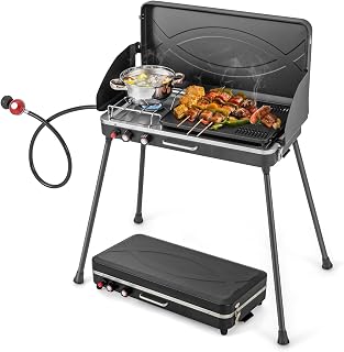 Nightcore 2-Burner Propane Camping Stove, Portable Camp Grill with Detachable Legs, Roast Grill & 3-Sided Wind Screen, 22,000 Total BTUs of Power, Outdoor Grill Stove for Camping BBQ Picnic, Black