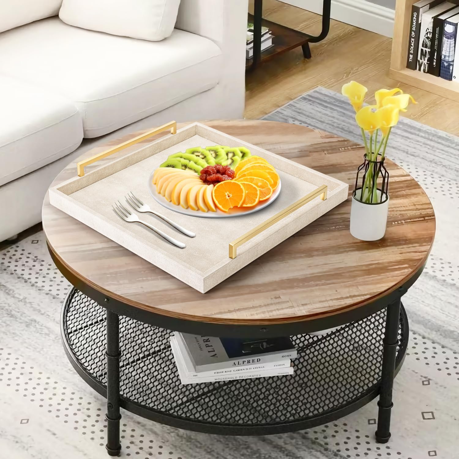 Large Ottoman Tray for Coffee Table,Square Shagreen Leather Decorative Tray with Gold Handles for Living Room Decor - Image 7