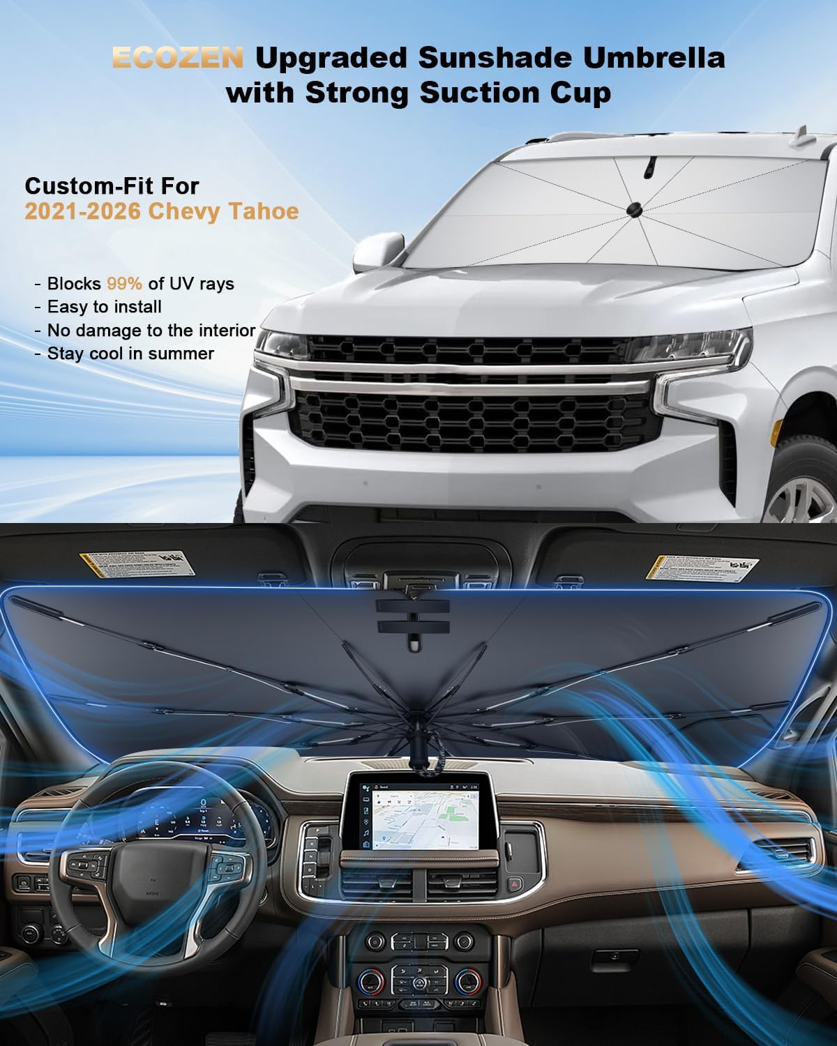 Windshield Sunshade Umbrella for 2021-2026 Chevy Tahoe - [Upgraded Suction Cup] Sun Shade Umbrella for 2021-2026 Tahoe Accessories - Front Window Heat Insulation Interior Protection