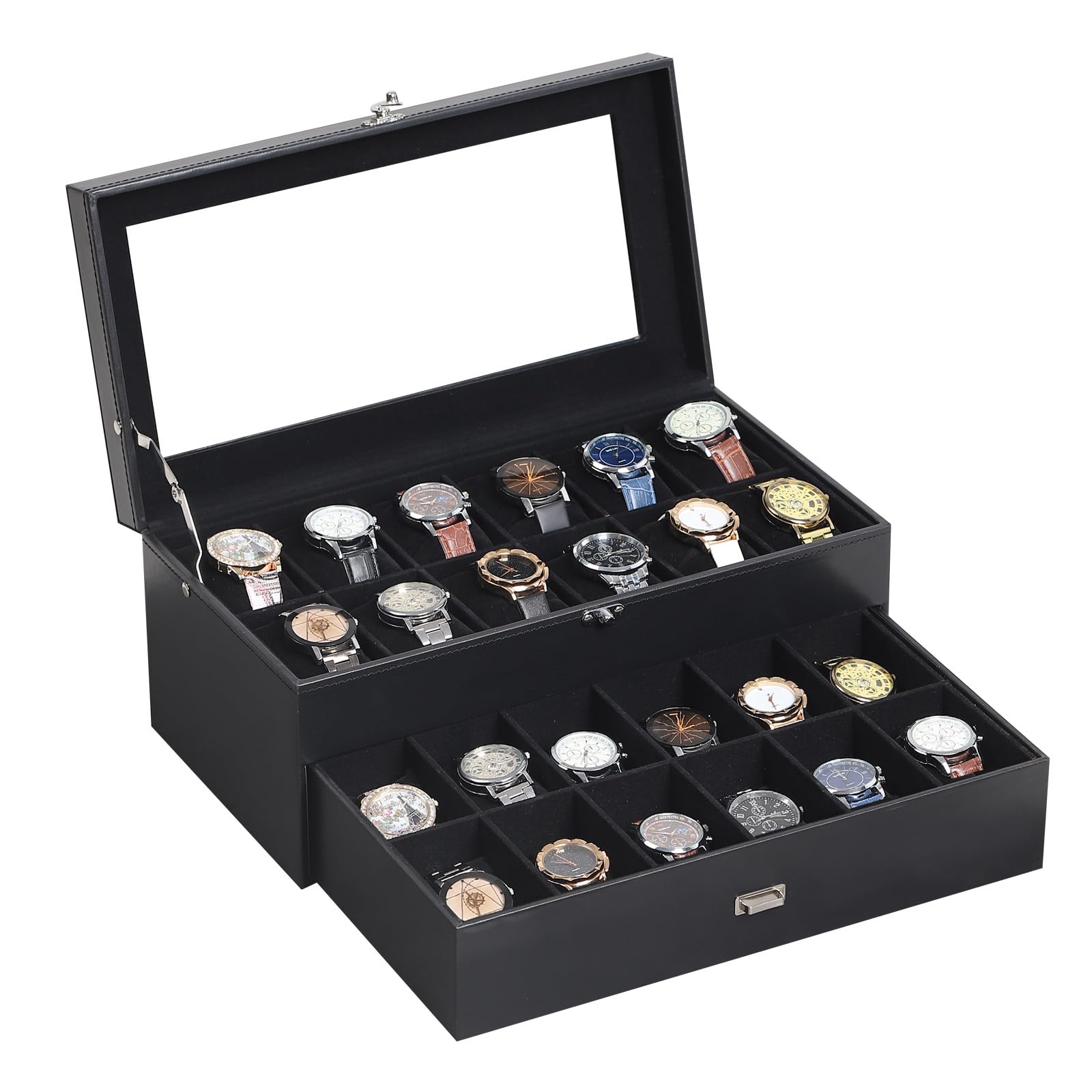 AUTOARK Caja organizadora de 24 relojes con tapa de vidrio y cajón de joyas de cuero y terciopelo, negro MKAW035