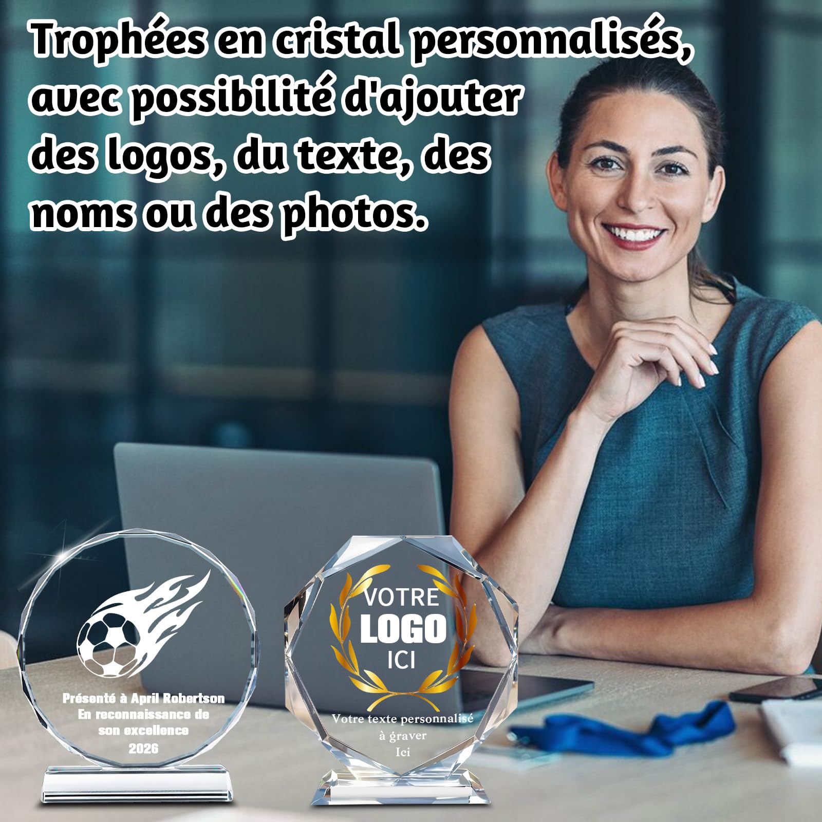 Trophée Personnalisable en Cristal Gravure Personnalisée Logo Nom Texte Photo Trophées en Verre Personnalisés pour Retraite Récompense Employé Sport