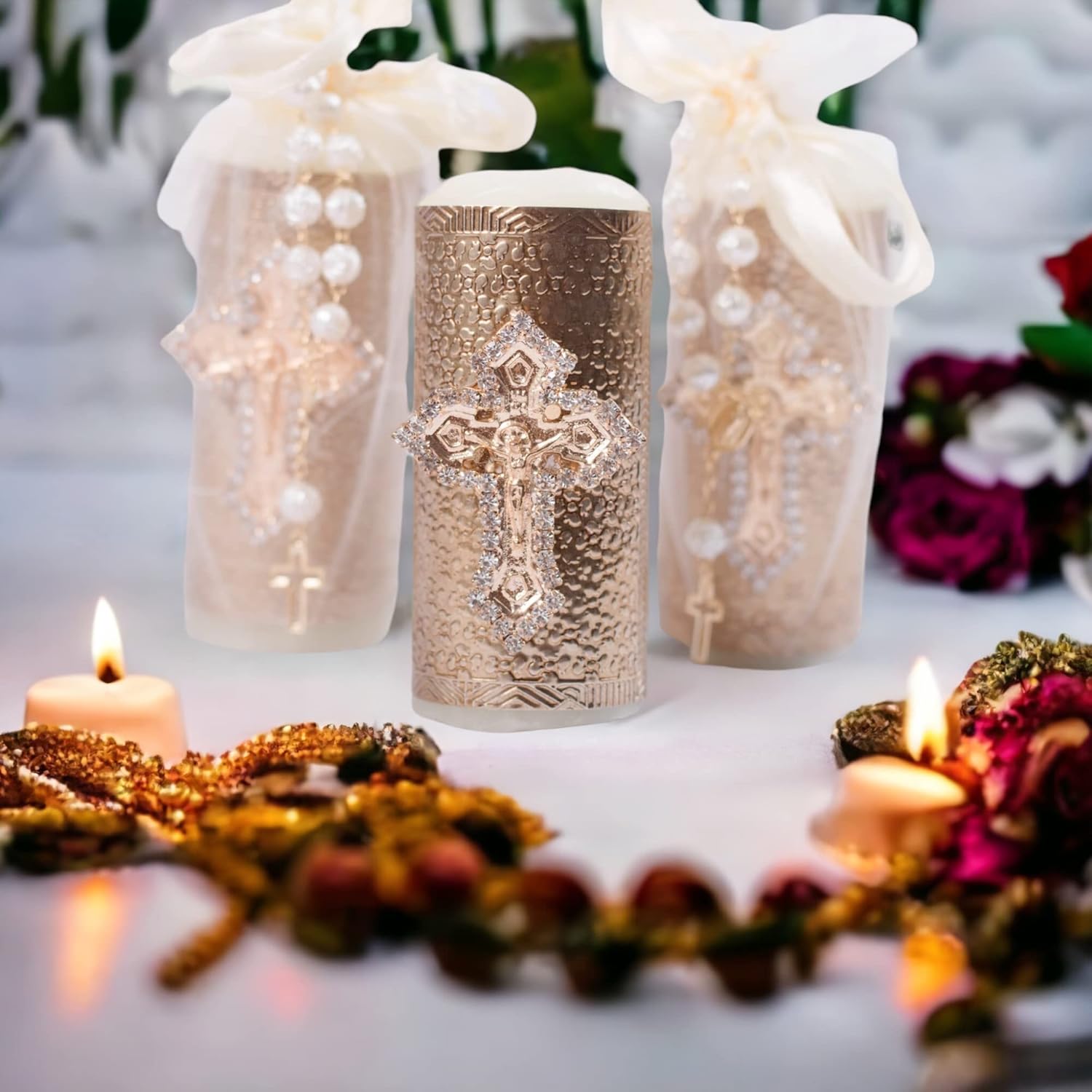 Recuerdos de Bautizo, Primera Comunión,Bodas y Bautizo 12 velas pequeñas con Misterio y Bolsa de Organza incluidos Opción Amazon