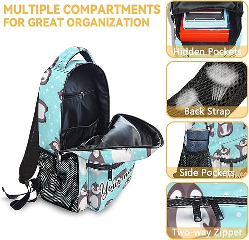 Miniatura 6 de Mochila personalizada de pingüinos con lonchera y estuche para lápices, mochila escolar de 16 pulgadas con correas ajustables, duradera, ligera, de