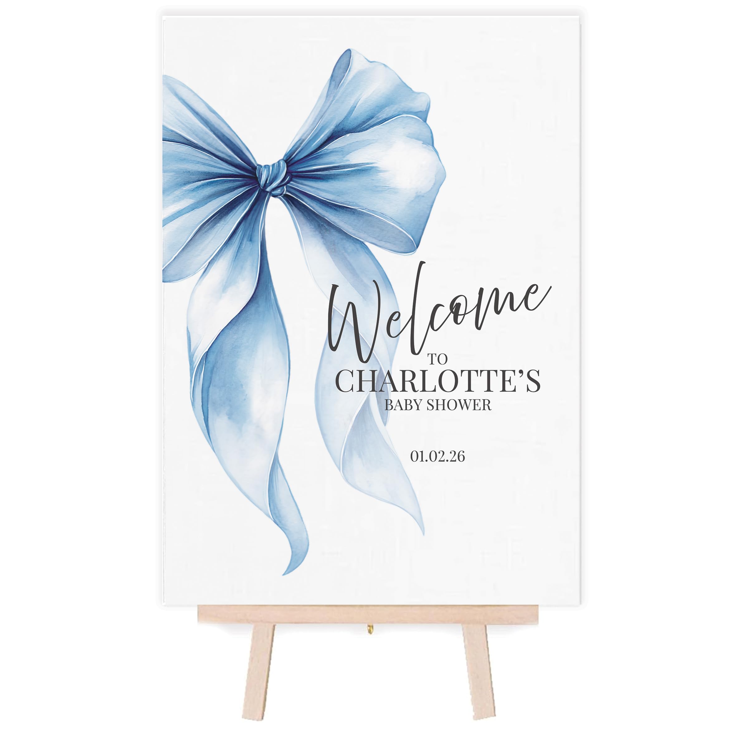Personalised Baby Shower A3 Welcome Poster with Easel, Bow Theme, Blue