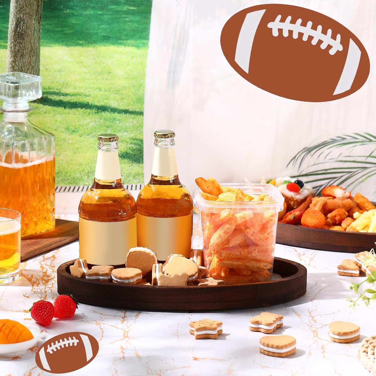 Hushee 3 Pcs Football Serving Trays and Platters 13 Inch Wooden Shaped Football Serving Dishes Tailgate Party Platter Snack for Game Party Decoration(Elegant Style)