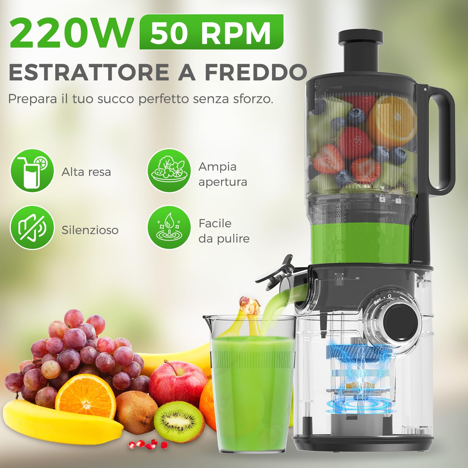 Estrattore di succo a freddo, YASHE juicer machine con ampio tubo di alimentazione da 12,7 cm per frutta e verdura intere, spremiagrumi con autoalimentazione, alta resa di succo, facile da pulire, ner