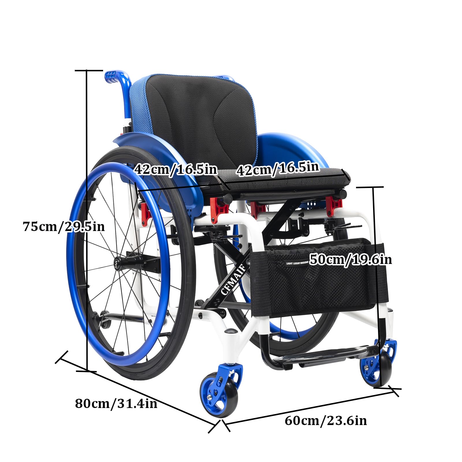 Składany wózek inwalidzki, wózek spacerowy dla osób niepełnosprawnych, aluminium, składany podnóżek, wąski wózek inwalidzki (rozmiar: 42 cm/16,2 cala siedzisko, kolor: fioletowy)