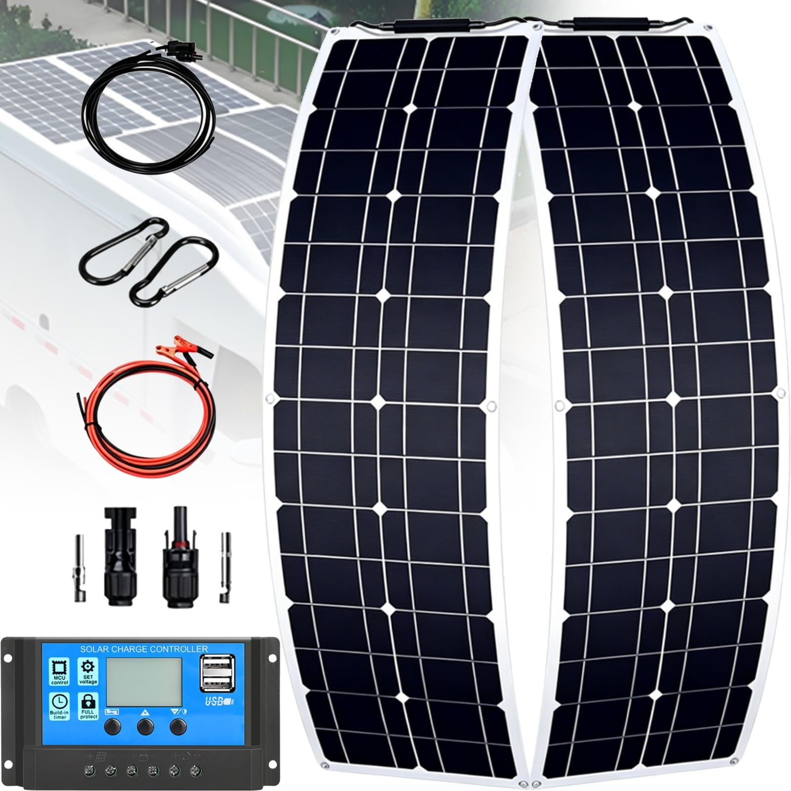 Panel Solar Flexible 200W 400W 800W Placa Solar Monocristalina Fotovoltaico Impermeable Ligereza para RV, Barco, Camping, Caravana y Superficies Despareja(B,400W)