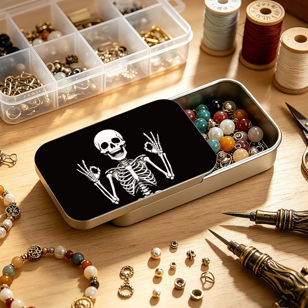 Pack de 4 estuches de viaje con hilo dental con diseño de calavera, pequeñas latas de metal para trabajo y camping