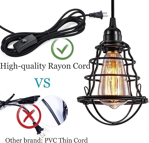 Miniatura 4 de Asnxcju Lámpara colgante industrial enchufable, lámpara colgante vintage con cable de enchufe, iluminación colgante E26 E27 Edison con interruptor