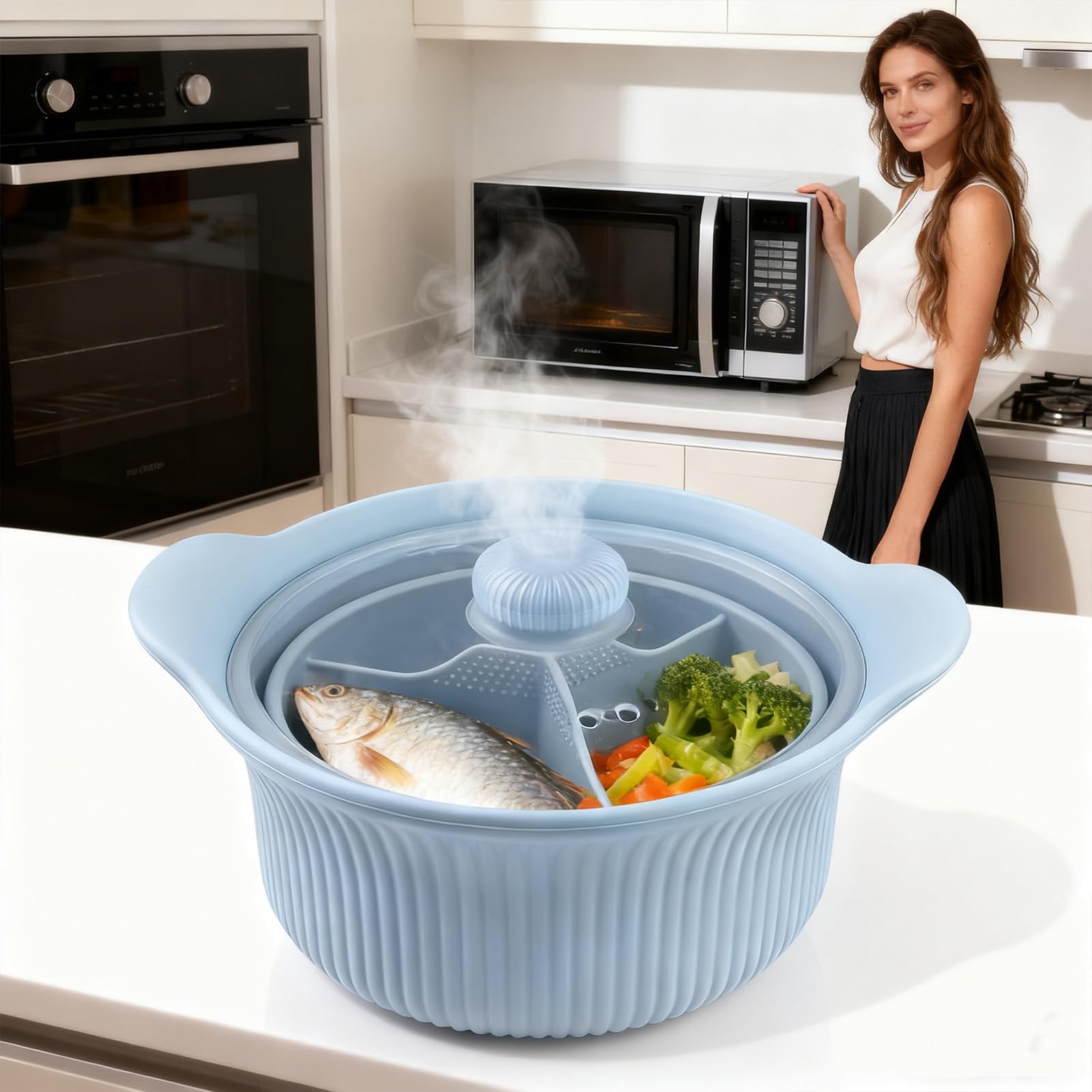 Mikrowellendampfer - 9,06 Zoll Silikon Fach-Herd | Lebensmittelqualität Gemüsedampfer mit Deckel und Griff, mikrowellenfeste Kochschüssel für Babynahrung Vegetarier