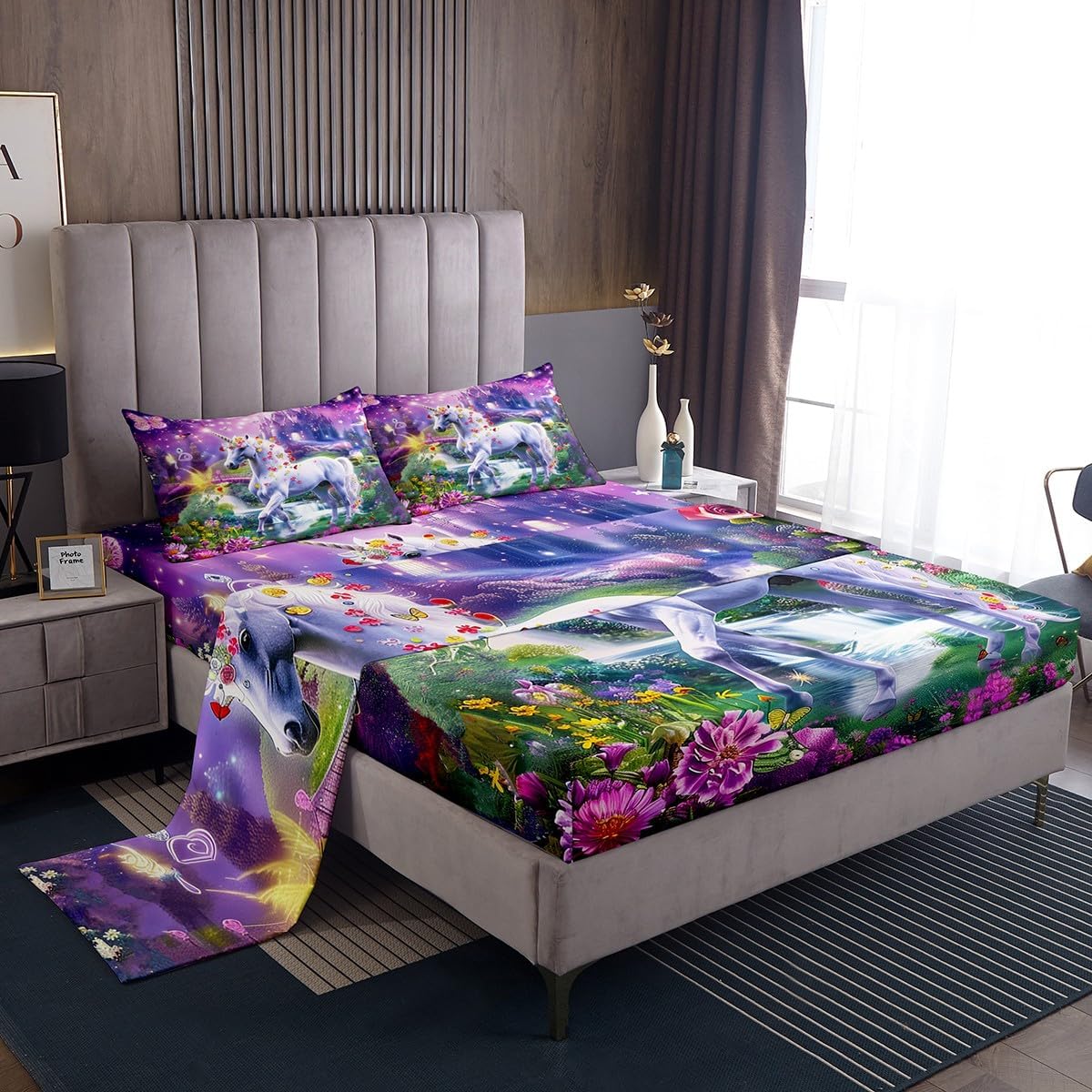 Manfei Unicorn Kids Sheet Queen Size,Glitter Starry Sky Castle Dreamy Bedding Set,Girls Women Room Decor,Butterfly Flowers Cute Animal Purple White Bed Sheet Set 4pcs(Fitted + Flat + 2 Pillowcases)