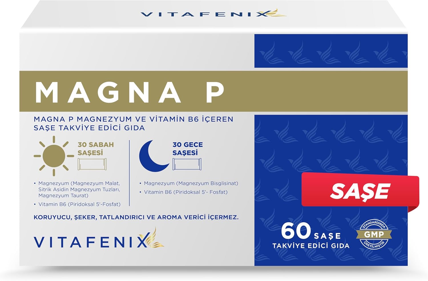 Vitafenix Magna P Magnezyum Complex - Malat Sitrat Glisinat Taurat ve B6 ile Gece Gündüz Saşe Magnezyum Takviyesi 60 Saşe