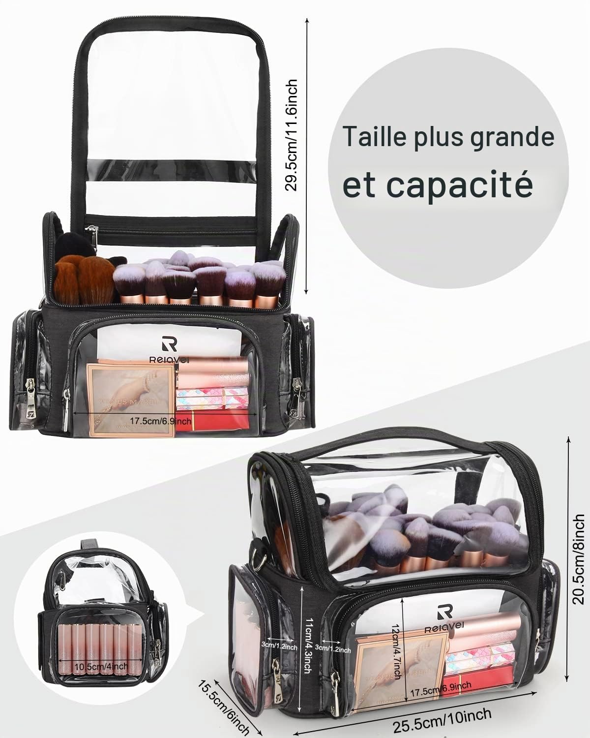 Relavel Étui pour pinceaux de maquillage professionnel, étui de voyage transparent etanche, ouverture complete, facile d'accès, avec sangle regulable