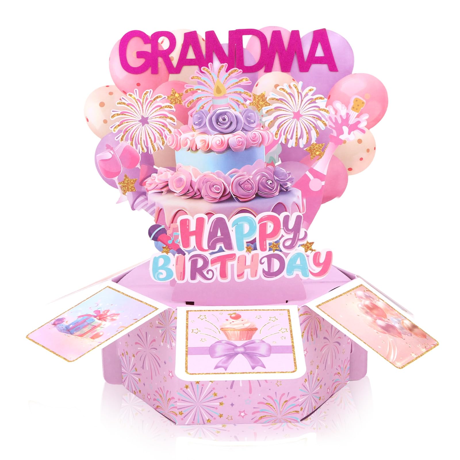 KIUEZIR Grandma Birthday Pop Up Card with 3D Colorful Fireworks, Balloons & Cake Design, Pop-Up Purple Greeting Card Box with Envelope for Women, Creative Decorations Birthday Celebration