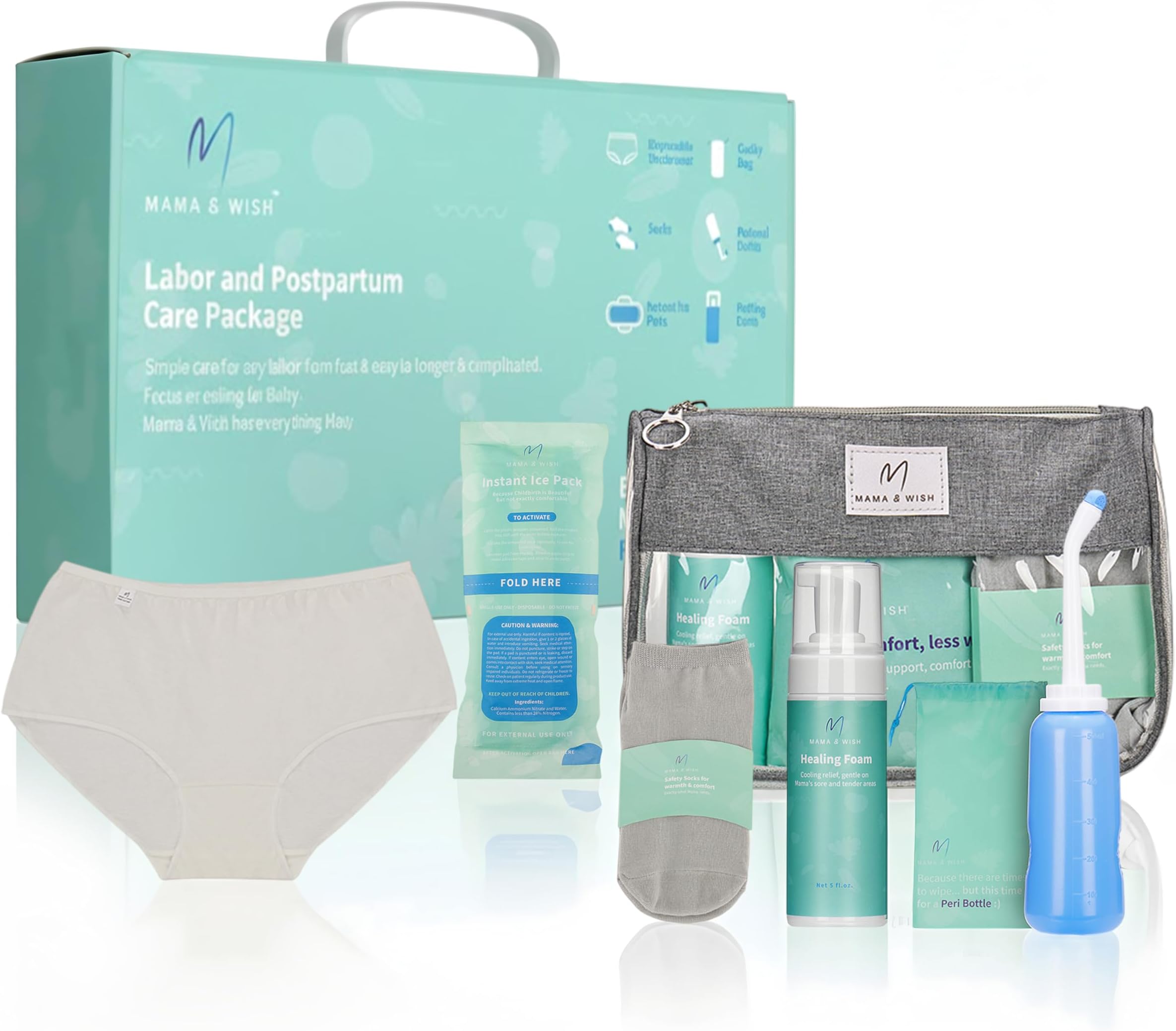 Mama & Wish Postpartum Essentials Kit for Mom - Post Partum Recovery Kit for Labor and Delivery with Hospital Essentials for Women After Birth - Includes Peri Bottle, Witch Hazel Comfy Garments & More