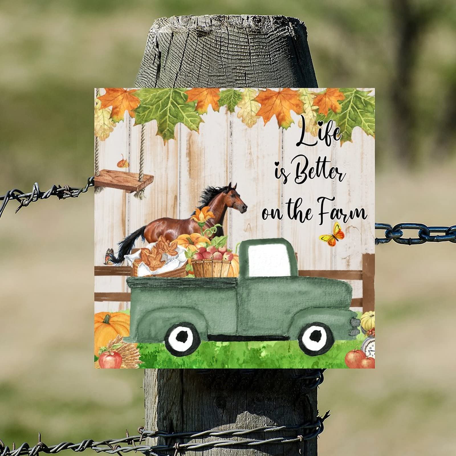 Tableau en bois de haute qualité motif équin et citrouille d'automne 30cm