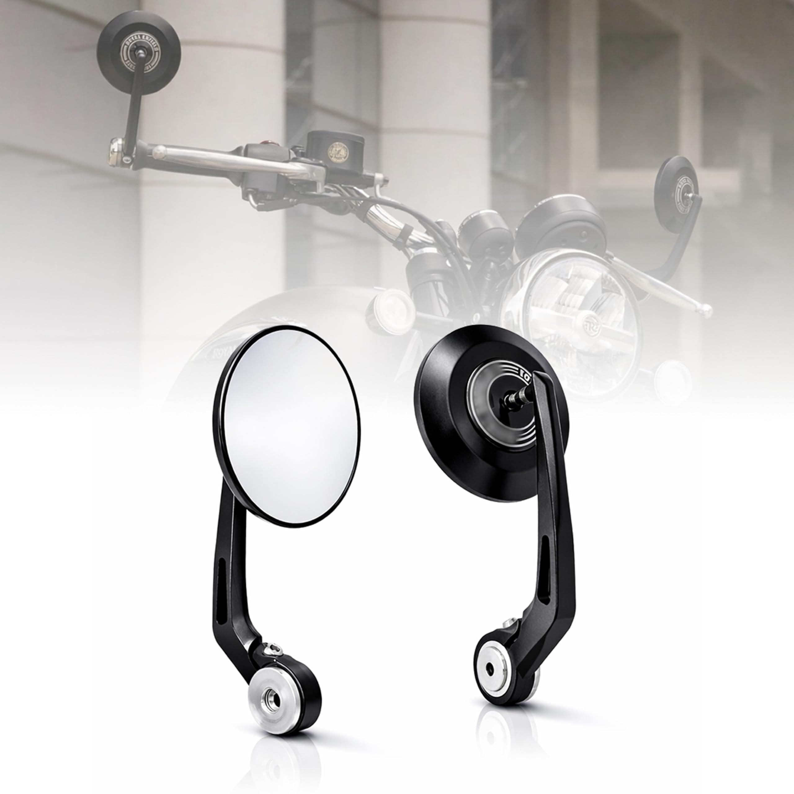 Universal Premium Motorcycle Bar End Mirrors | Handlebar End Rear View Side Mirrors with Round Wide Angle Glass | CNC Aluminum | Black (Pair) | Compatible with All RE Bikes-image-12