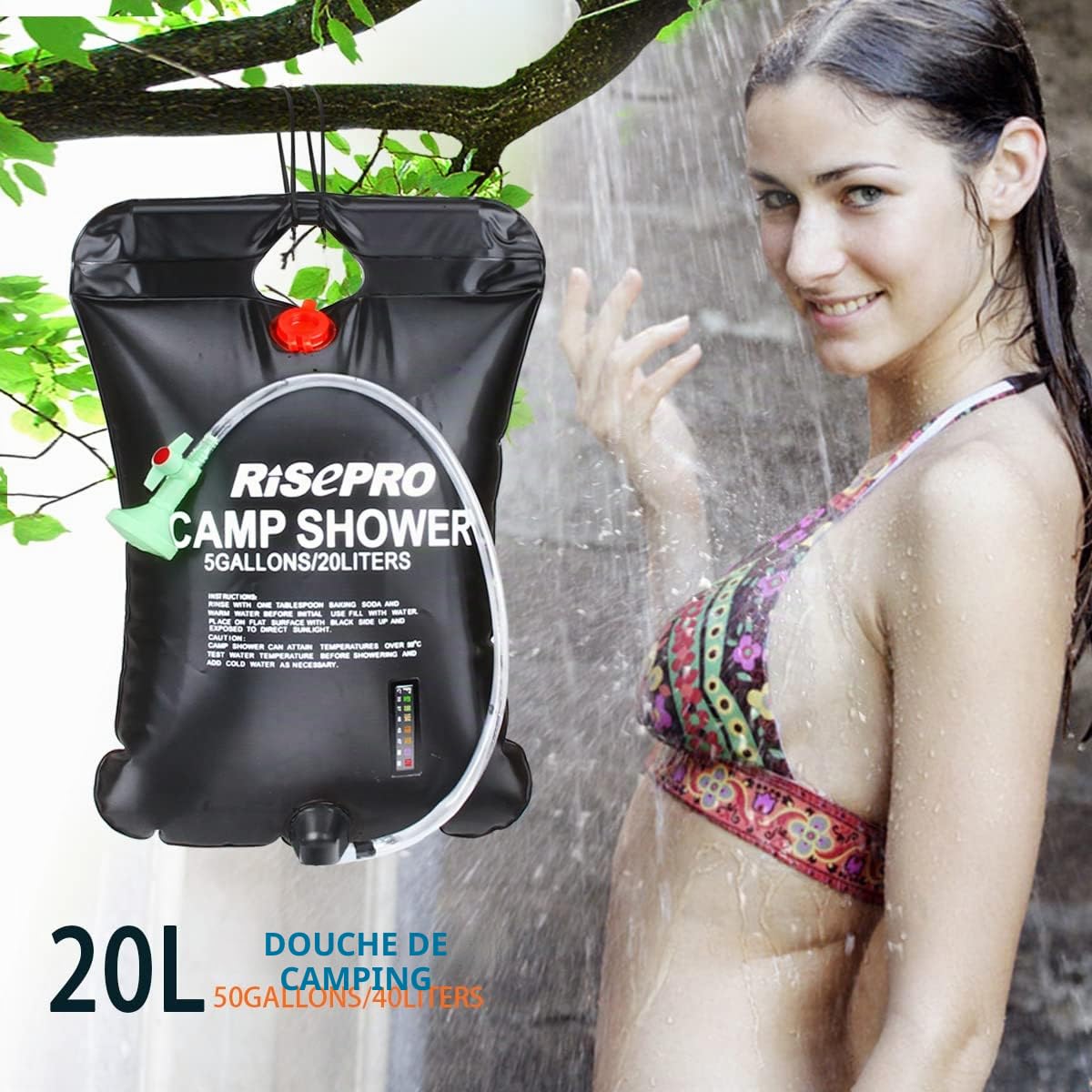 Sac de douche solaire, 20 litres, camping, température 45 °C, randonnée, escalade
