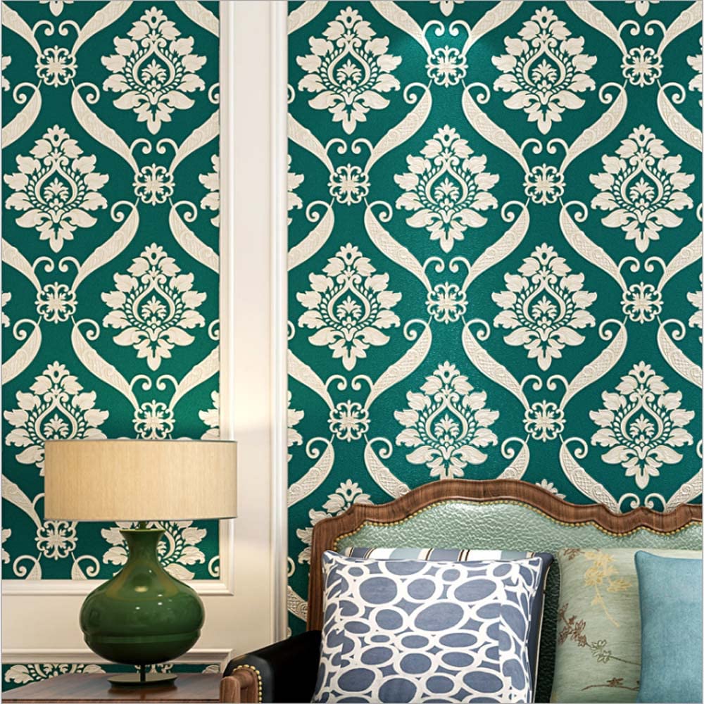 Papel pintado damasco 3D de PVC verde real en rollo de 0.53m x 10m para pared de salon