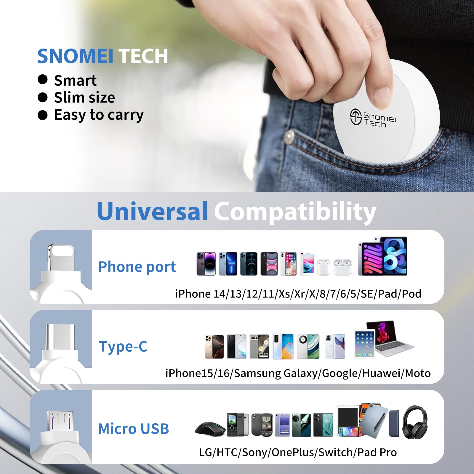 Cavo retrattile 3 in 1 multi ricarica rapida per smartphone, USB a Lightning/Micro USB/Type-C, cavo di ricarica universale per iPhone, iPad, Samsung, PS, tablet, laptop e altro (blu)